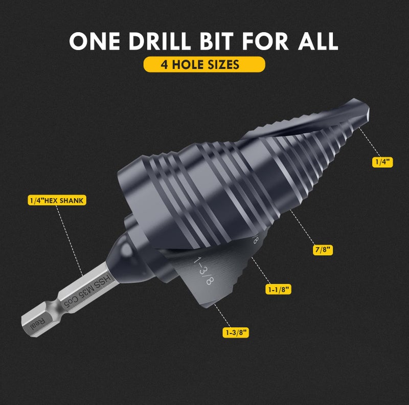 MACXCOIP UPGRADE M35 Cobalt Step Drill Bit with Ultra TiAIN Coating, 1/4" - 1-3/8" Unibit Step Bit with Double Sprial Flute, 1/4" Hex Shank Drill Bit for Metal, Stainless Steel, Aluminum, Copper, Wood - Image 5