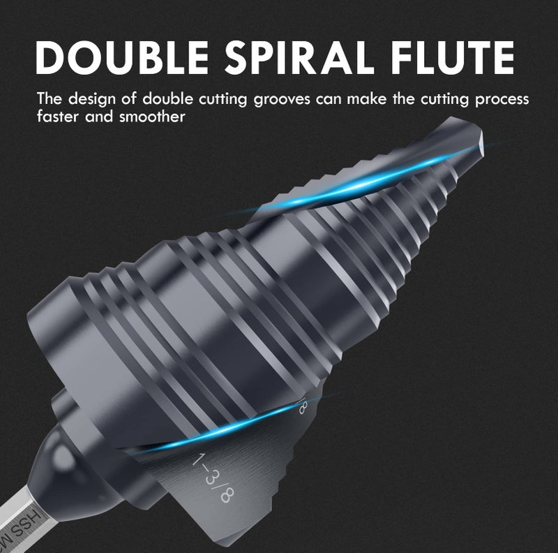 MACXCOIP UPGRADE M35 Cobalt Step Drill Bit with Ultra TiAIN Coating, 1/4" - 1-3/8" Unibit Step Bit with Double Sprial Flute, 1/4" Hex Shank Drill Bit for Metal, Stainless Steel, Aluminum, Copper, Wood - Image 3