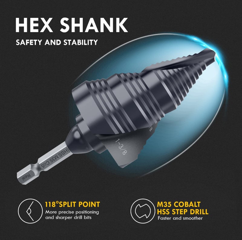 MACXCOIP UPGRADE M35 Cobalt Step Drill Bit with Ultra TiAIN Coating, 1/4" - 1-3/8" Unibit Step Bit with Double Sprial Flute, 1/4" Hex Shank Drill Bit for Metal, Stainless Steel, Aluminum, Copper, Wood - Image 4