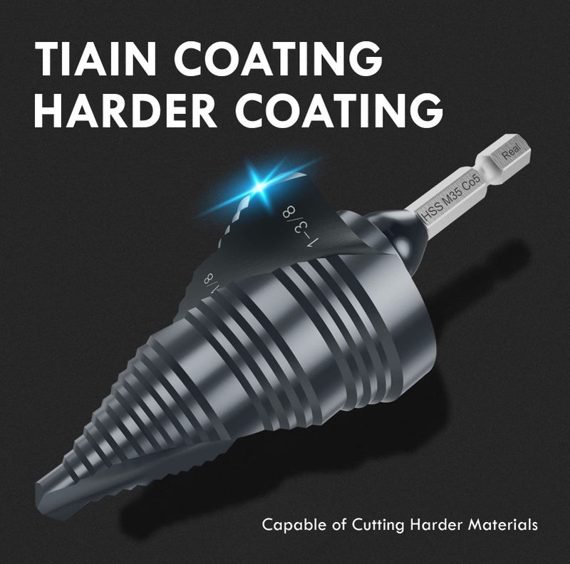 MACXCOIP UPGRADE M35 Cobalt Step Drill Bit with Ultra TiAIN Coating, 1/4" - 1-3/8" Unibit Step Bit with Double Sprial Flute, 1/4" Hex Shank Drill Bit for Metal, Stainless Steel, Aluminum, Copper, Wood - Image 2