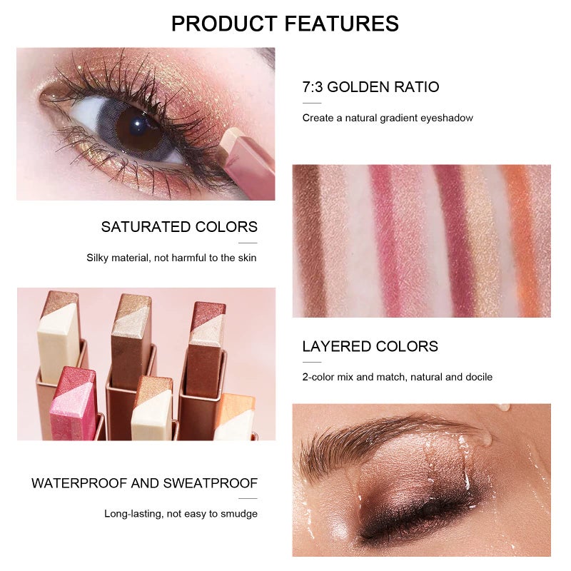 LOKFAR 12 Colors Glitter Eye-shadow Stick Set, Two-Tone Shimmer Gradient Eyeshadow Stick Double Colors Eyeshadow Stick Waterproof Glitter Eye Stick Eyeshadow Pen for Women Eye Makeup (6 Pcs) - Image 5