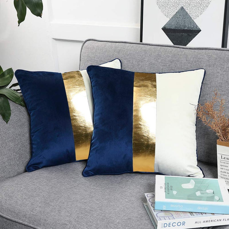 KACOPOL Navy Blue Beige Gold Leather Patchwork Velvet Throw Pillow Cover 18x18 Set of 2 Luxury Modern Home Decor Cushion Cover Decorative Pillow for Couch Living Room Bedroom Car Navy Blue 18x18