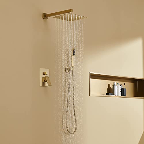 Artiqua Shower System 10 Inches Rain Shower Combo Set Brushed Gold Wall Mount Faucet Bathroom Faucets with Rainfall Shower Head and Hand Shower - Image 3