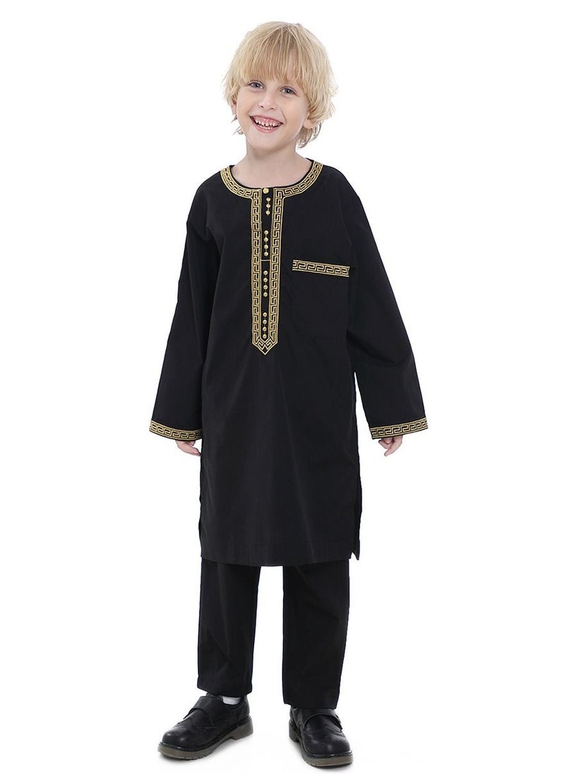 Loquat - Boy's Muslim Clothing Kaftan Set Middle East Youth Embroidered Robe Suit Round Neck Islamic Dress Arabic Wear Black - Image 1