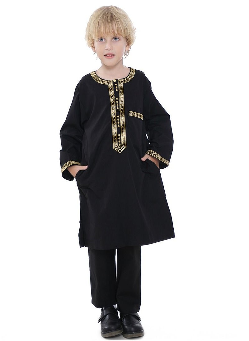 Loquat - Boy's Muslim Clothing Kaftan Set Middle East Youth Embroidered Robe Suit Round Neck Islamic Dress Arabic Wear Black - Image 1