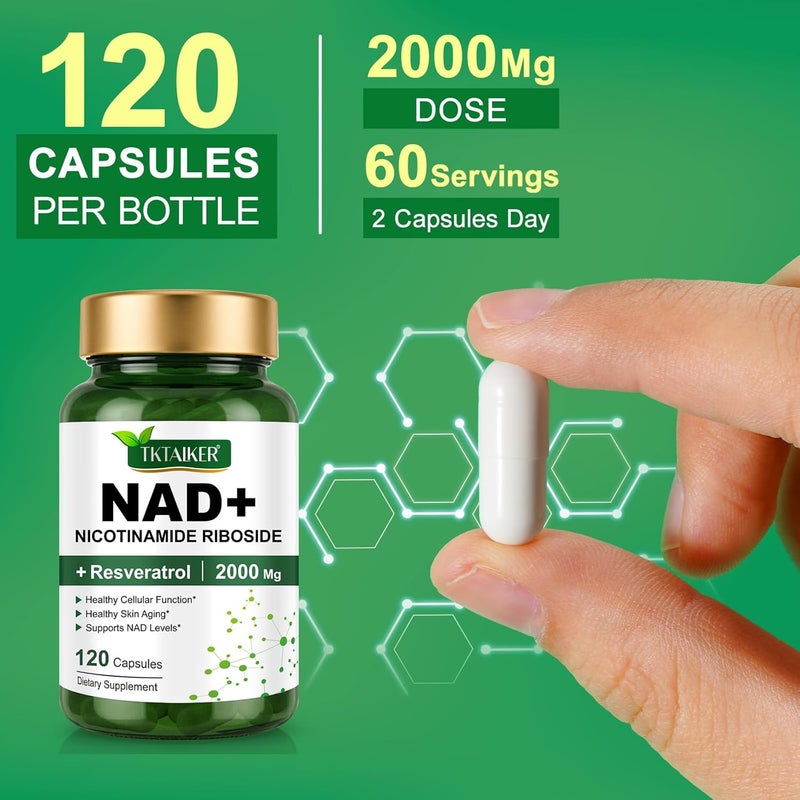 TKTALKER مكمل NAD 2000 ملغ 120 كبسولة - NAD الحقيقي - بديل ريسفيراترول NMN - NAD ليبوسومي للنساء والرجال - دعم صحة الخلايا والقدرة على التحمل - الشيخوخة الصحية - كبسولات فائقة القوة - Image 2