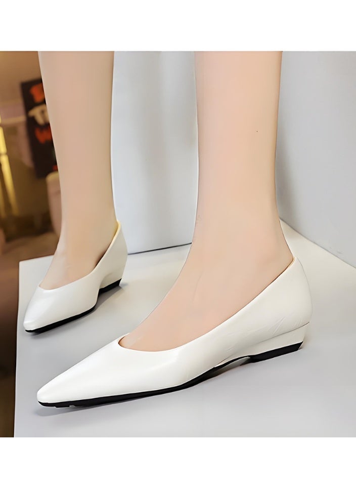 BIGTREE Women's Low Wedge Shoes Comfortable Closed Pointed Toe Flat Shoes White - Image 3
