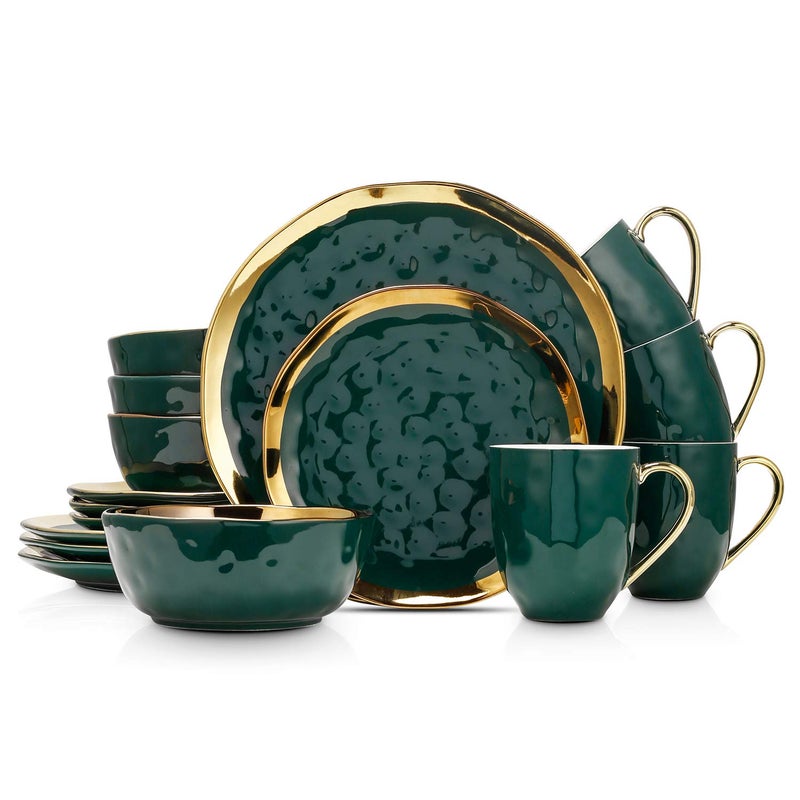 Stone Lain Florian Modern Porcelain 16 Piece Dinnerware Set, Plates and Bowls Set, Dish set for 4, Green and Golden Rim - Image 1