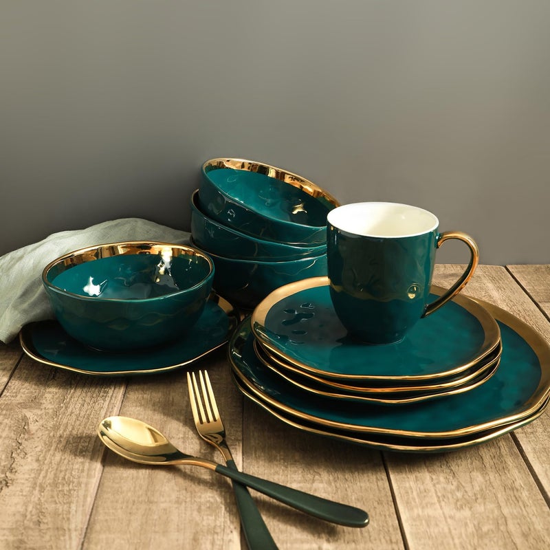 Stone Lain Florian Modern Porcelain 16 Piece Dinnerware Set, Plates and Bowls Set, Dish set for 4, Green and Golden Rim - Image 5
