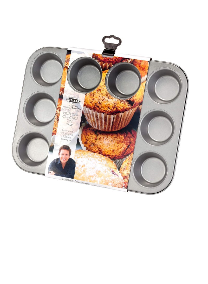 Stellar Non Stick 12 Cup Muffin & Cupcake Pan Tray, Steel Grey, - Image 1