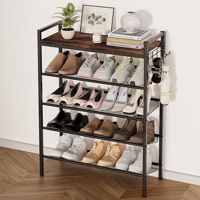 neatevday 5 Tier Shoe Rack, Shoe Rack for Front Door Entrance with Hook, Shoe Organizer with Adjustable Mesh Shelves, Metal Shoes Rack for Entryway, Closet, Bedroom Living Room Garage - Image 1