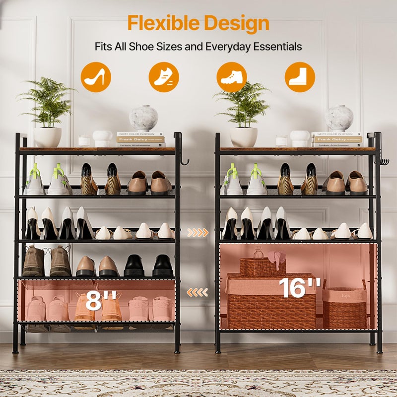 neatevday 5 Tier Shoe Rack, Shoe Rack for Front Door Entrance with Hook, Shoe Organizer with Adjustable Mesh Shelves, Metal Shoes Rack for Entryway, Closet, Bedroom Living Room Garage - Image 4