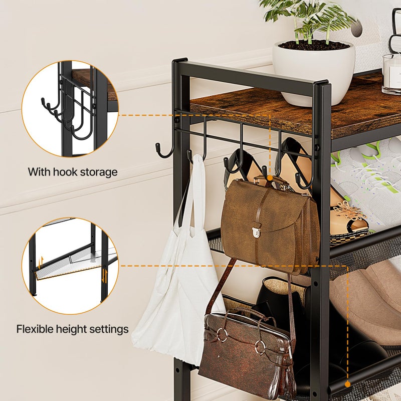 neatevday 5 Tier Shoe Rack, Shoe Rack for Front Door Entrance with Hook, Shoe Organizer with Adjustable Mesh Shelves, Metal Shoes Rack for Entryway, Closet, Bedroom Living Room Garage - Image 2