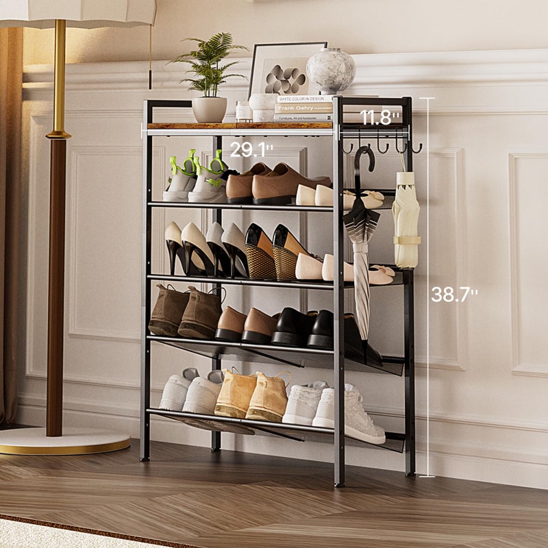 neatevday 5 Tier Shoe Rack, Shoe Rack for Front Door Entrance with Hook, Shoe Organizer with Adjustable Mesh Shelves, Metal Shoes Rack for Entryway, Closet, Bedroom Living Room Garage - Image 3