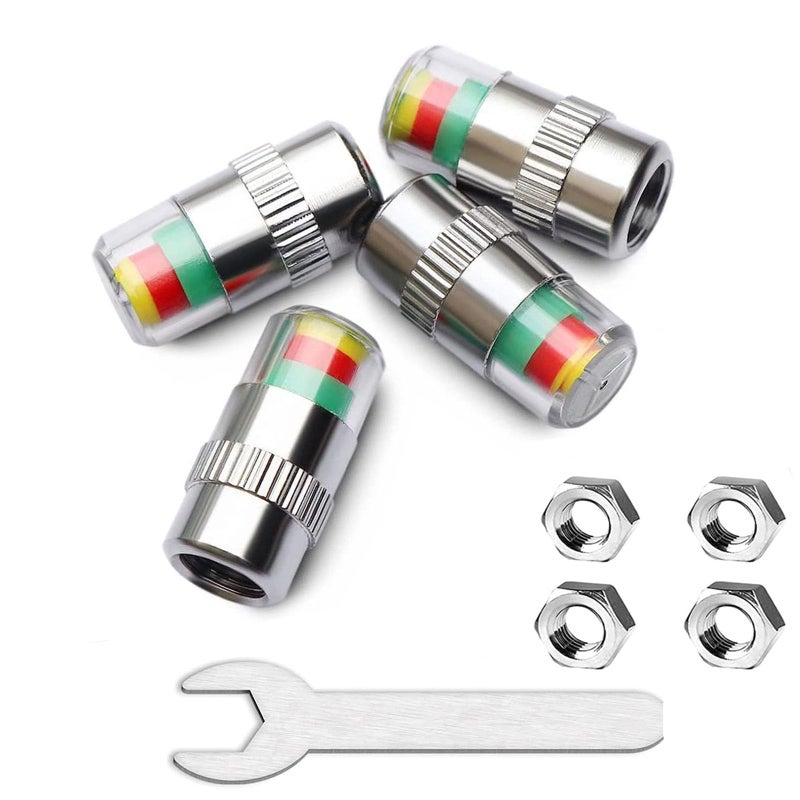 Generic Z-oneMart KURAMI Tire Pressure Caps 32 psi 2.2 bar TPMS Tire Pressure Monitor Sensor Indicator 3 Color Eye Alert 4Pcs with Wrench&Nuts  - Image 1
