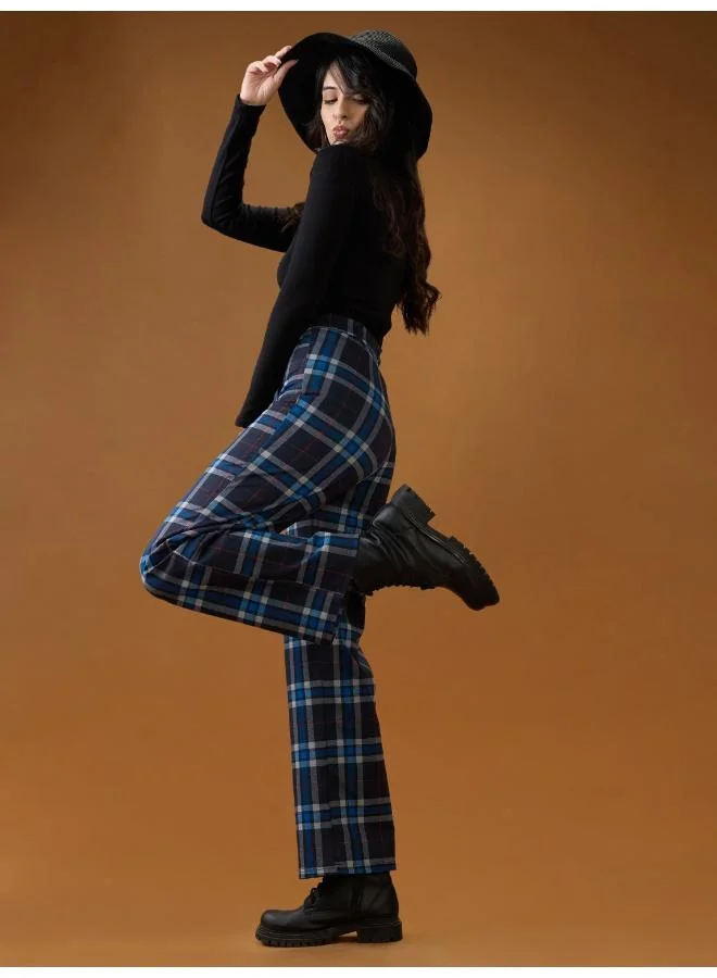 جلو باص بنطلون نسائي جلوبس أزرق كاروهات بخصر متوسط وقصة مستقيمة رسمي