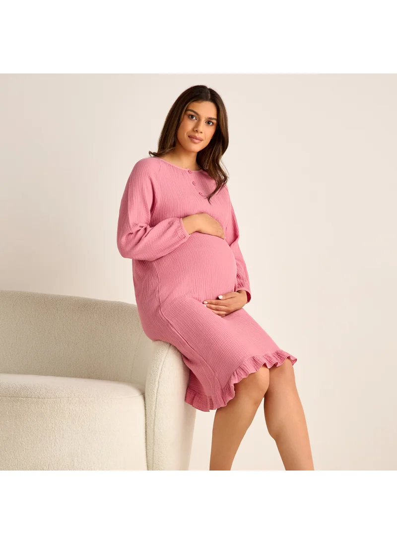 Splash FAV Textured Maternity Night Dress with Long Sleeves