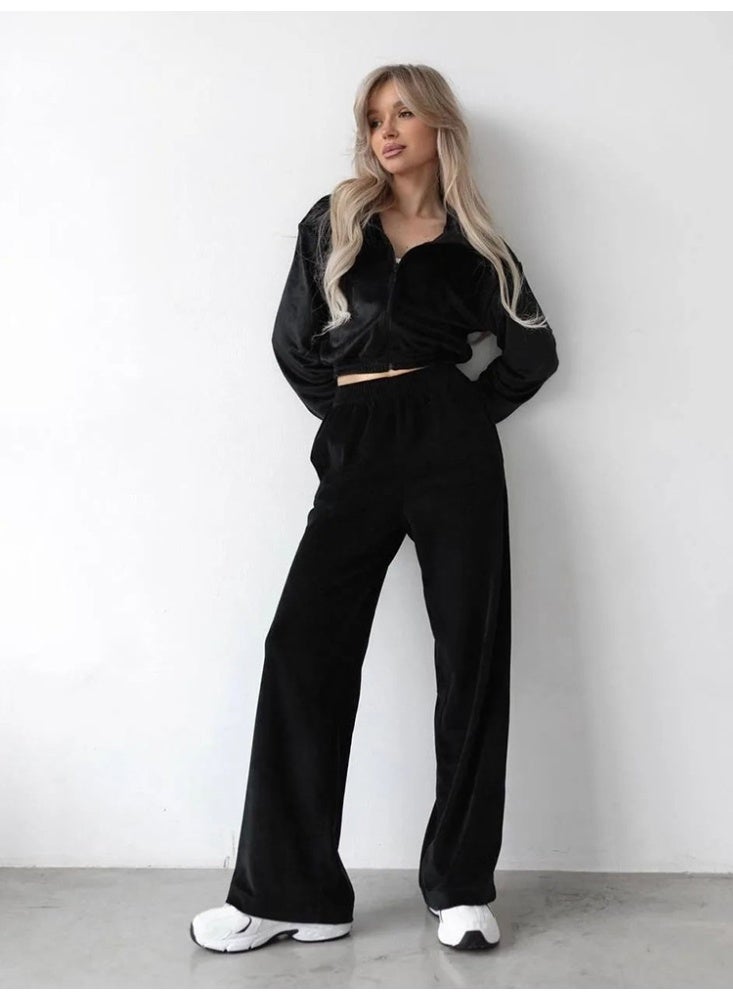 NIBEMINENT Fashionable Long Sleeve Zipper Front Sweatshirt Velvet Shirt Collared Open Shirt Long Pants Women's - Image 1