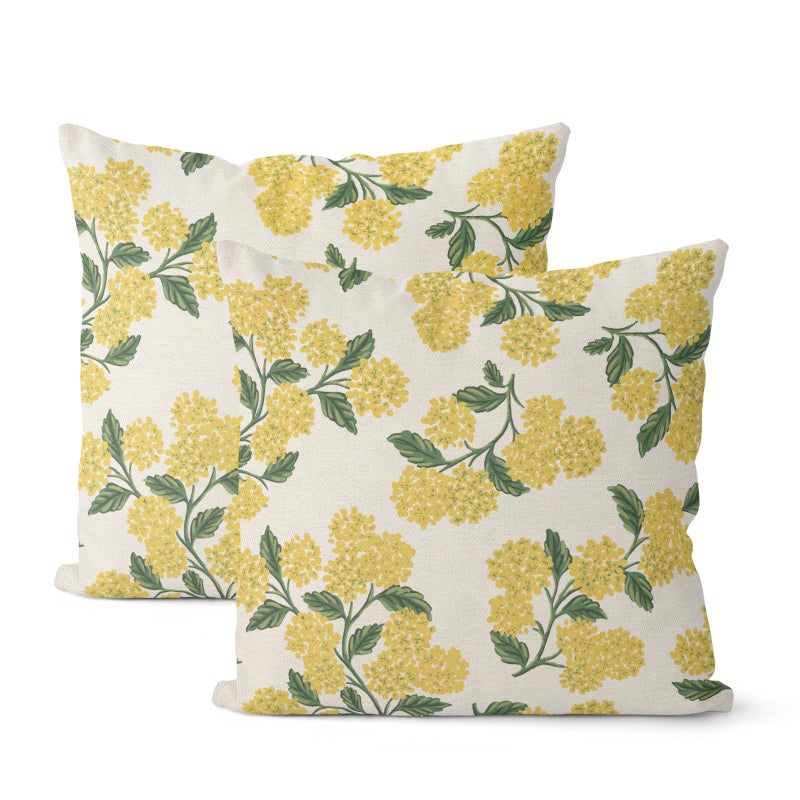 DAFENA Mustard Yellow Summer Outdoor Pillow Covers 18x18 Inch 2 Pcs Green Hydrangea Flower Decor Throw Pillows Spring Seasonal Vintage Floral Decoration Pillowcase Linen Cushion Cover for Couch Sofa - Image 1