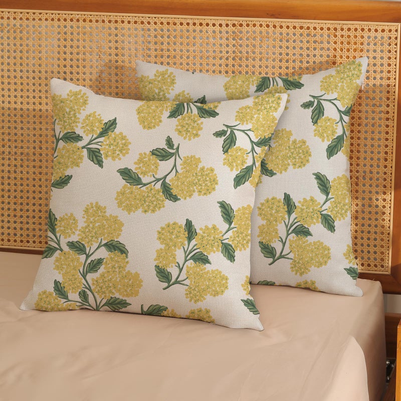 DAFENA Mustard Yellow Summer Outdoor Pillow Covers 18x18 Inch 2 Pcs Green Hydrangea Flower Decor Throw Pillows Spring Seasonal Vintage Floral Decoration Pillowcase Linen Cushion Cover for Couch Sofa - Image 2