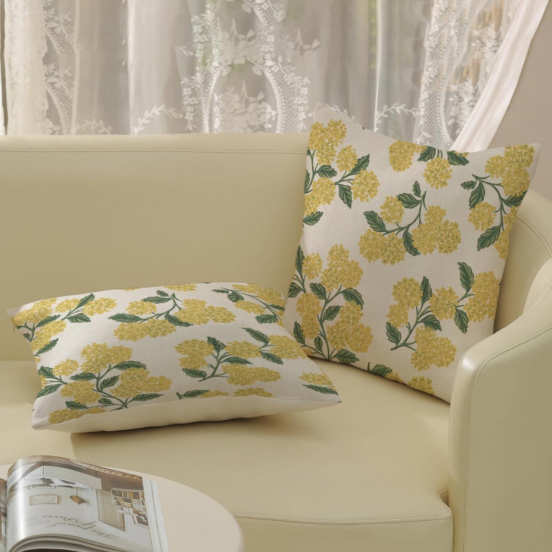 DAFENA Mustard Yellow Summer Outdoor Pillow Covers 18x18 Inch 2 Pcs Green Hydrangea Flower Decor Throw Pillows Spring Seasonal Vintage Floral Decoration Pillowcase Linen Cushion Cover for Couch Sofa - Image 4