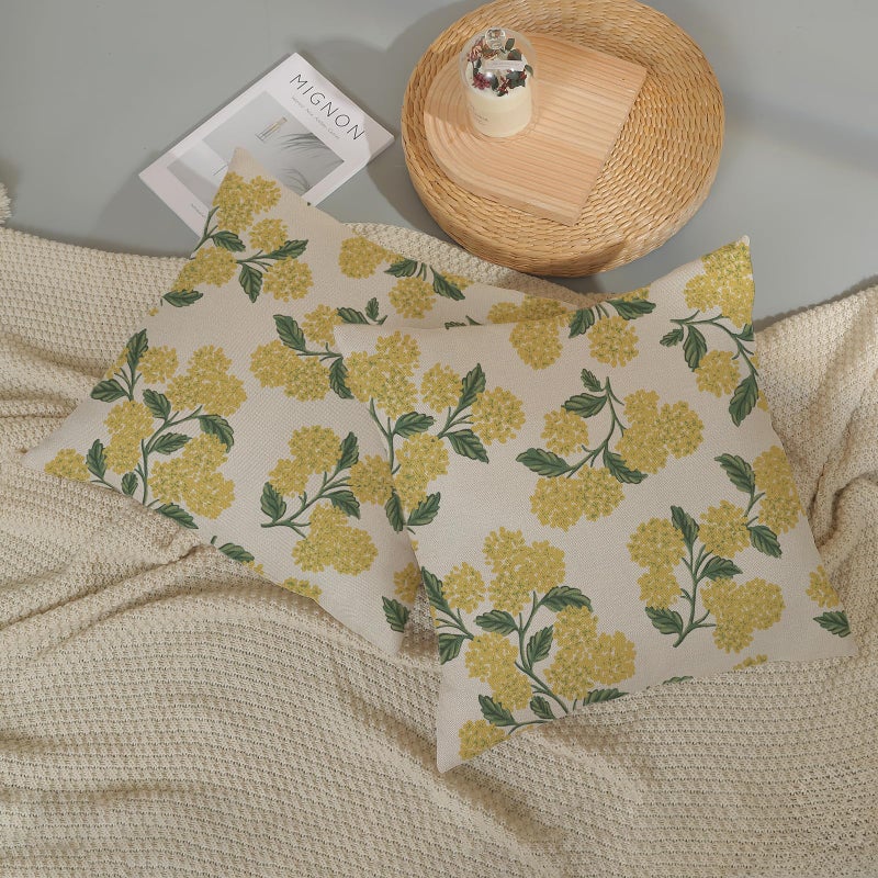 DAFENA Mustard Yellow Summer Outdoor Pillow Covers 18x18 Inch 2 Pcs Green Hydrangea Flower Decor Throw Pillows Spring Seasonal Vintage Floral Decoration Pillowcase Linen Cushion Cover for Couch Sofa - Image 5