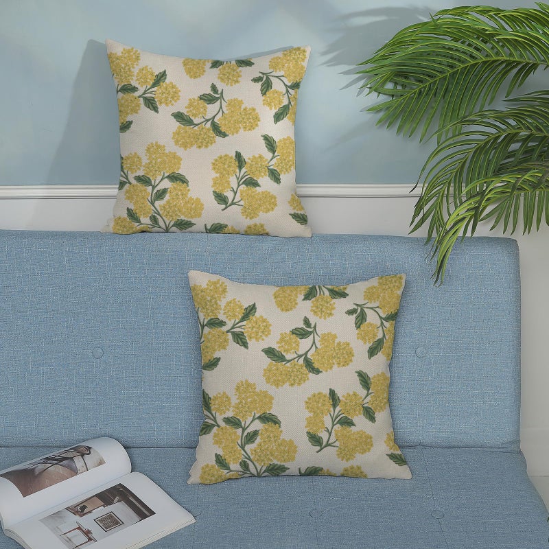 DAFENA Mustard Yellow Summer Outdoor Pillow Covers 18x18 Inch 2 Pcs Green Hydrangea Flower Decor Throw Pillows Spring Seasonal Vintage Floral Decoration Pillowcase Linen Cushion Cover for Couch Sofa - Image 3