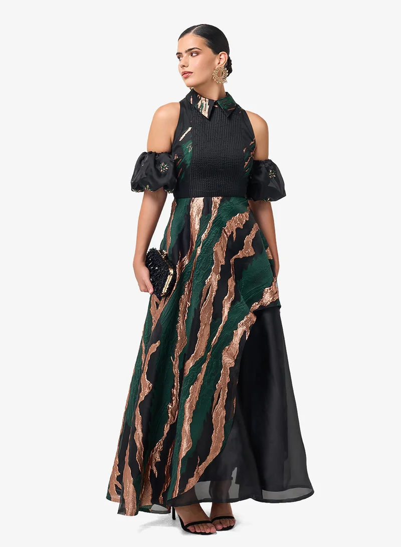 Collar Neck Puff Sleeve Maxi Dress