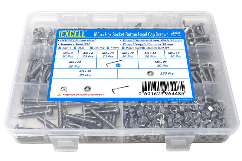 iexcell 360 Pcs M5 x 6810121416202530 Stainless Steel 304 Hex Socket Button Head Cap Screws Bolts Nuts Assortment Kit