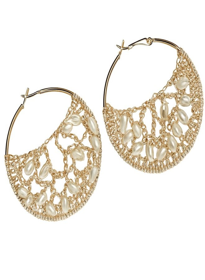 SWISSO Handmade Golden Crochet Hoop Earrings with Beads for Women | Semi-Circle Lace Design | Lightweight Ethnic & Party Jewelry - Image 2