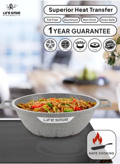 Life Smile 32cm (6.1 Liter) LIFE SMILE Wok Pan with Glass Lid - Induction Bottom Safe Frying Pan Double Handle with Durable Non-Stick Granite Coating - Oven Safe Fry Pan With Wooden Turner  - Image 5