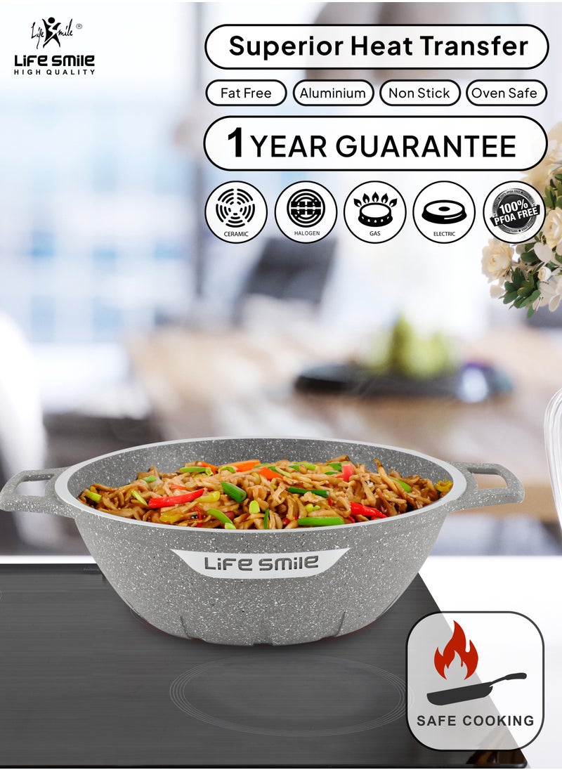 Life Smile - 32cm (6.1 Liter) LIFE SMILE Wok Pan with Glass Lid - Induction Bottom Safe Frying Pan Double Handle with Durable Non-Stick Granite Coating - Oven Safe Fry Pan With Wooden Turner - Image 1