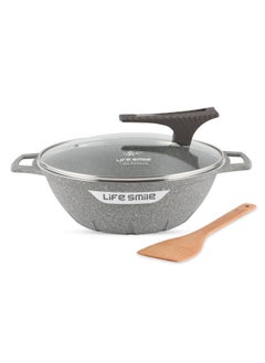 Life Smile 32cm (6.1 Liter) LIFE SMILE Wok Pan with Glass Lid - Induction Bottom Safe Frying Pan Double Handle with Durable Non-Stick Granite Coating - Oven Safe Fry Pan With Wooden Turner  - Image 1