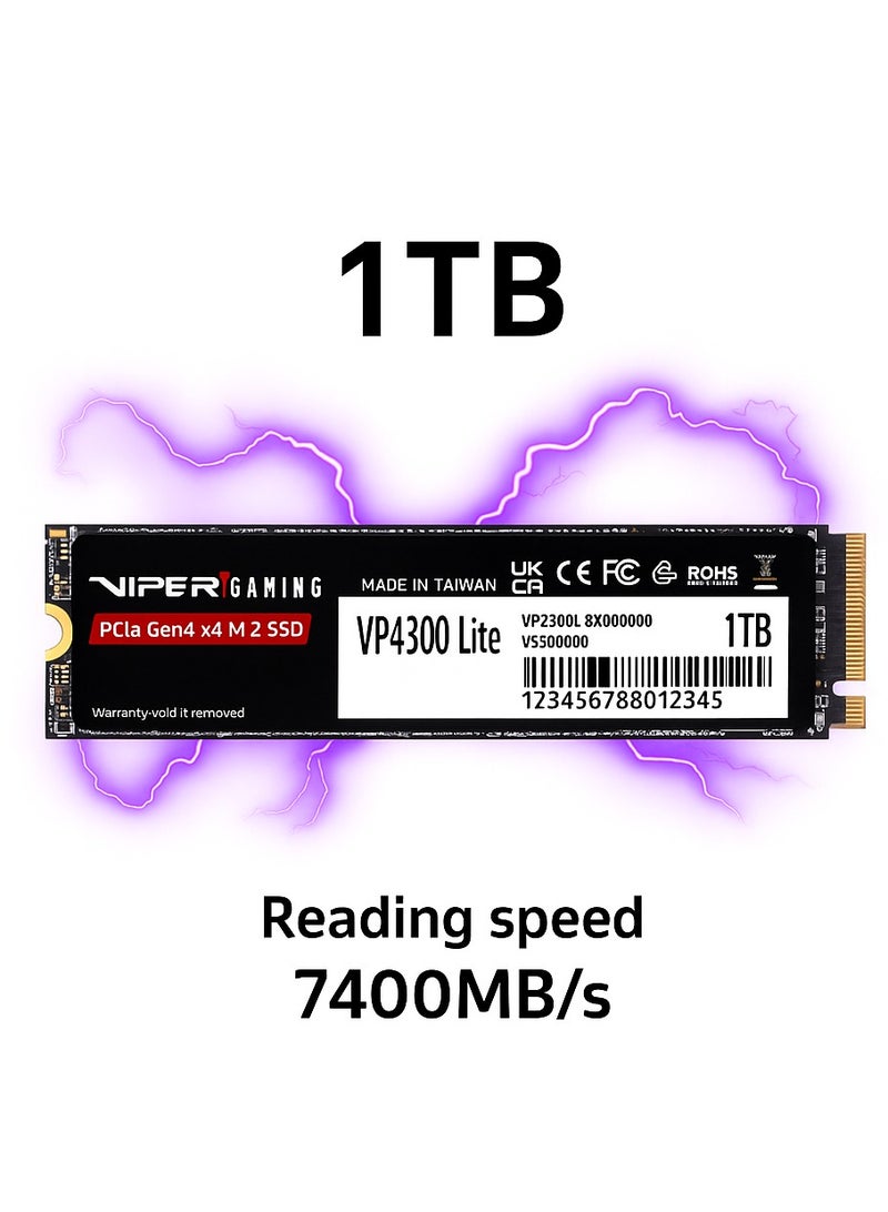 PATRIOT Viper VP4300 Lite 1TB M.2 2280 NVMe SSD, Up to 7400MB/s Read, 6400MB/s Write, PCIe Gen4x4 High Performance, PS5 Compatible, Desktop & Laptop, Graphene Heat Spreader, 1000TBW Endurance | VP4300L-1TB - Image 1
