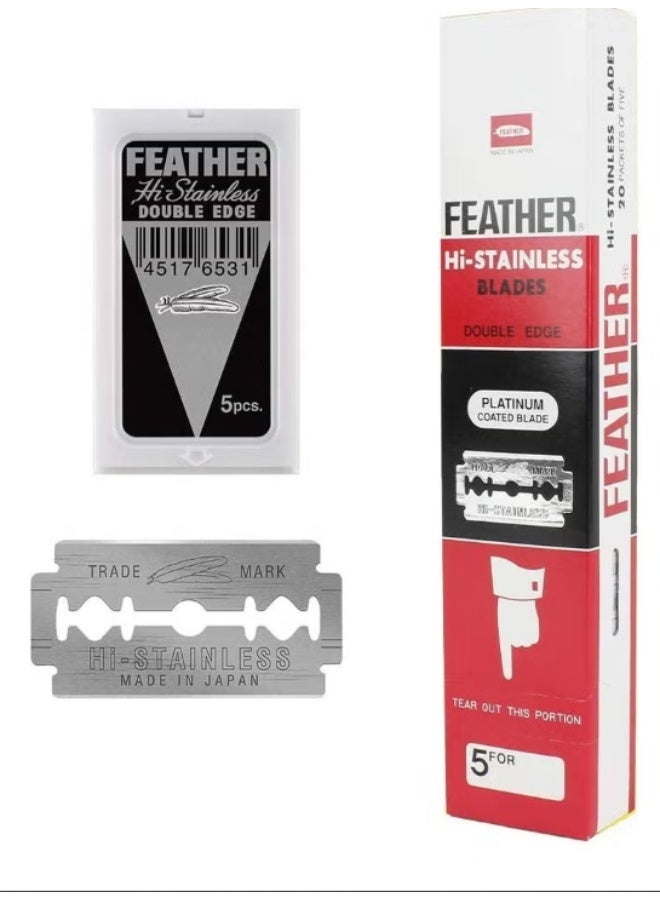Feather Hi-Stainless Double Edge Razor Blades – Made in Japan | Platinum Coated DE Safety Razor Blades | Ultra Sharp Stainless Steel | 5 Blades per Pack | Professional Wet Shaving for Men & Barbers - Image 1