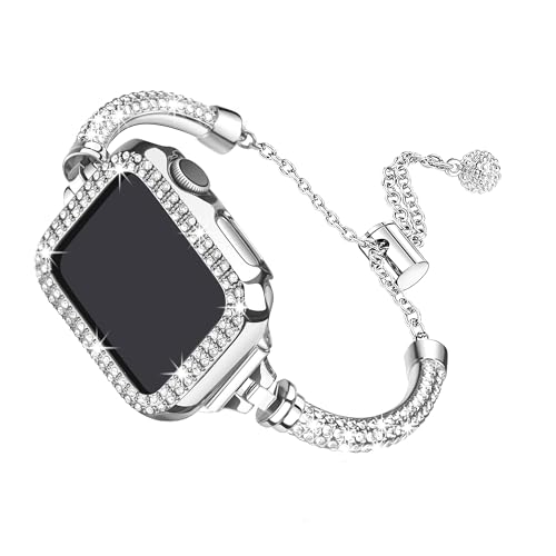 Secbolt Bling Band and Case Compatible with Apple Watch Bands 40mm, Women Dressy Metal Bracelet with Rhinestone Bumper for iWatch SE Series 6/5/4, Silver - Image 1