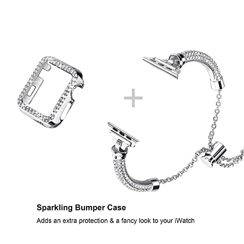 Secbolt Bling Band and Case Compatible with Apple Watch Bands 40mm, Women Dressy Metal Bracelet with Rhinestone Bumper for iWatch SE Series 6/5/4, Silver - Image 2