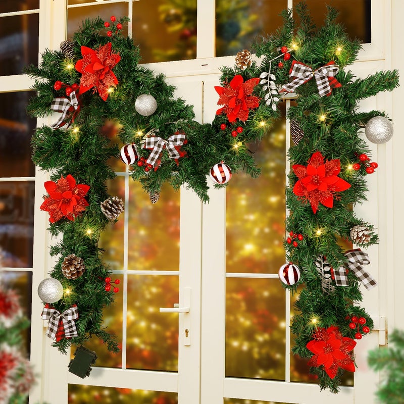 Christmas Garland with LightsPrelit 9ft Christmas Decorations with 50 LED Lightswith Waterproof Battery BoxIndoorOutdoor Usefor Stairs Fireplace Front Door Porch Home Battery NOT Include