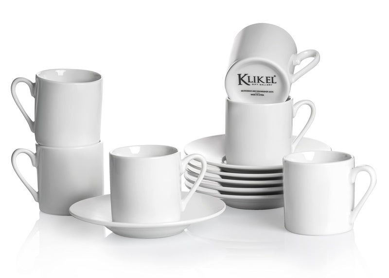 Klikel Espresso Cup And Saucer Set - White Cappuccino Demitasse - Small Coffee Cups For Cuban Coffee or Italian Espresso - Set Of 6 - Image 1