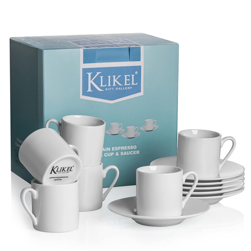 Klikel Espresso Cup And Saucer Set - White Cappuccino Demitasse - Small Coffee Cups For Cuban Coffee or Italian Espresso - Set Of 6 - Image 3
