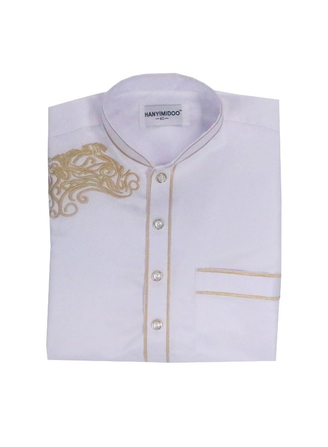 هانيميدو ثوب عربي للأطفال بتصميم كتان مع طوق ثابت وزر - Image 4