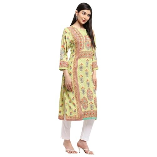 Biba Women Green Viscose Rayon Straight Printed Kurta_40 - Image 3