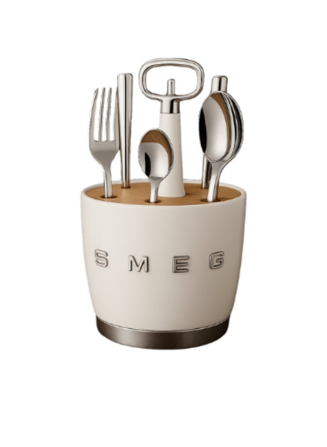 SMEG -Set for 6 person Retro Stainless Steel Cutlery Holder for Kitchen with Knife,Fork,Spoon White. - Image 1