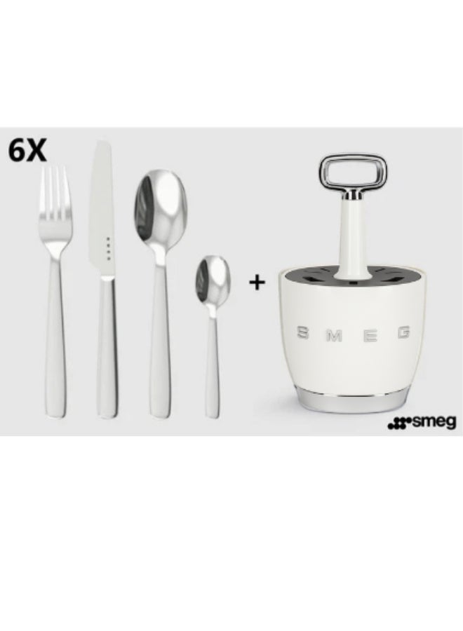 SMEG -Set for 6 person Retro Stainless Steel Cutlery Holder for Kitchen with Knife,Fork,Spoon White. - Image 3