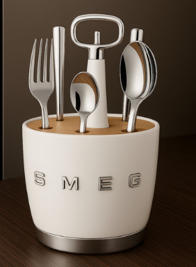 SMEG -Set for 6 person Retro Stainless Steel Cutlery Holder for Kitchen with Knife,Fork,Spoon White. - Image 2