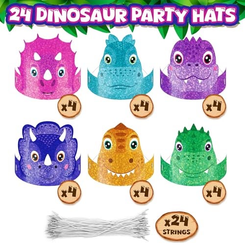 ArtCreativity Dinosaur Party Hats 24 Ct Sturdy Paper Dino Party Hats in 6 Colorful Designs Stretchy Strings for a Comfy Fit Fun Dinosaur Party Favors Supplies Dinosaur Birthday Decorations - Image 5