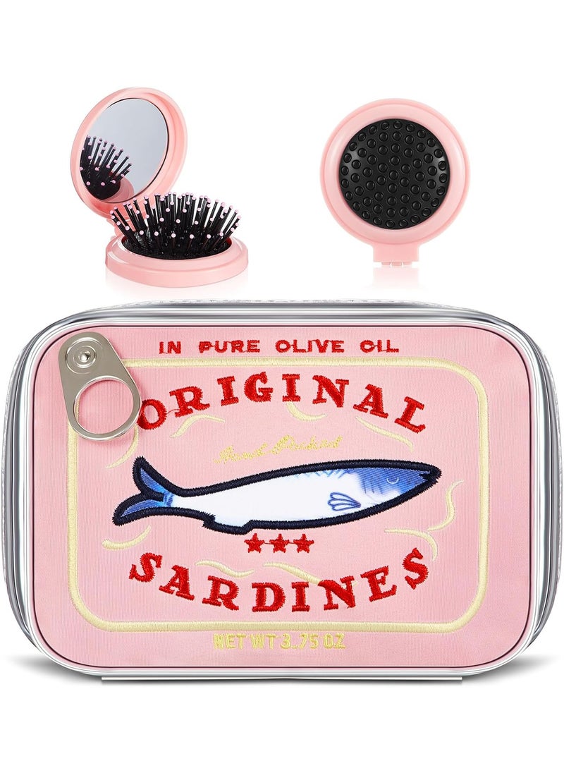 Reginary Reginary 2 Pcs Pink Canned Sardines Makeup Bag and Mini Hair Brush with Mirror Cute Cosmetic Bag Folding Hair Brush Kawaii Pencil Case Pouch Portable Travel Toiletry Bag Funny Waterproof for Women  - Image 1