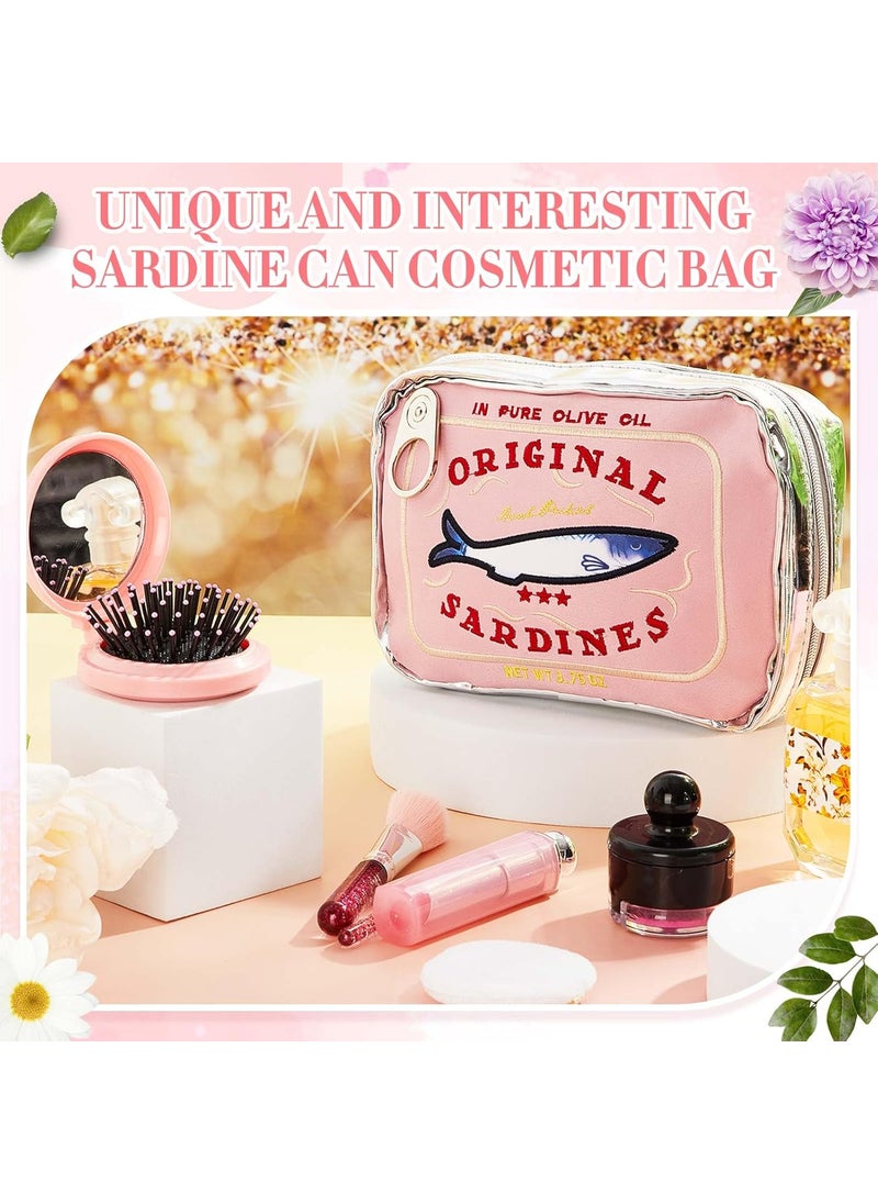 Reginary Reginary 2 Pcs Pink Canned Sardines Makeup Bag and Mini Hair Brush with Mirror Cute Cosmetic Bag Folding Hair Brush Kawaii Pencil Case Pouch Portable Travel Toiletry Bag Funny Waterproof for Women  - Image 5