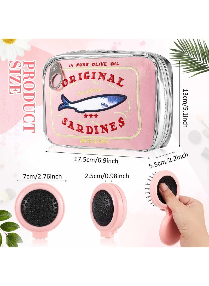 Reginary Reginary 2 Pcs Pink Canned Sardines Makeup Bag and Mini Hair Brush with Mirror Cute Cosmetic Bag Folding Hair Brush Kawaii Pencil Case Pouch Portable Travel Toiletry Bag Funny Waterproof for Women  - Image 2