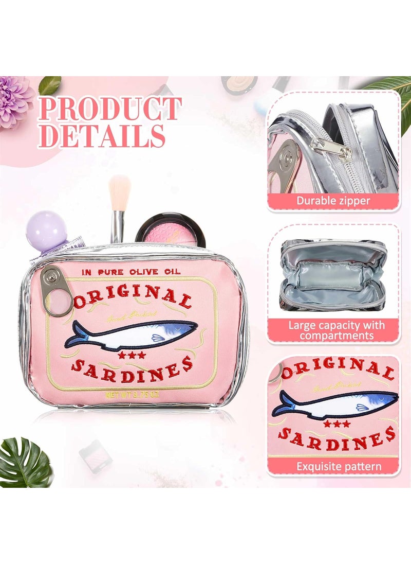 Reginary Reginary 2 Pcs Pink Canned Sardines Makeup Bag and Mini Hair Brush with Mirror Cute Cosmetic Bag Folding Hair Brush Kawaii Pencil Case Pouch Portable Travel Toiletry Bag Funny Waterproof for Women  - Image 3